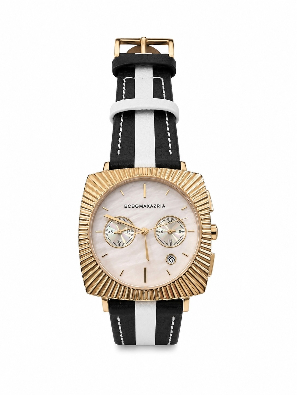 BCBGMaxAzria Gold-Tone Square Case Watch with Black and White Strap
